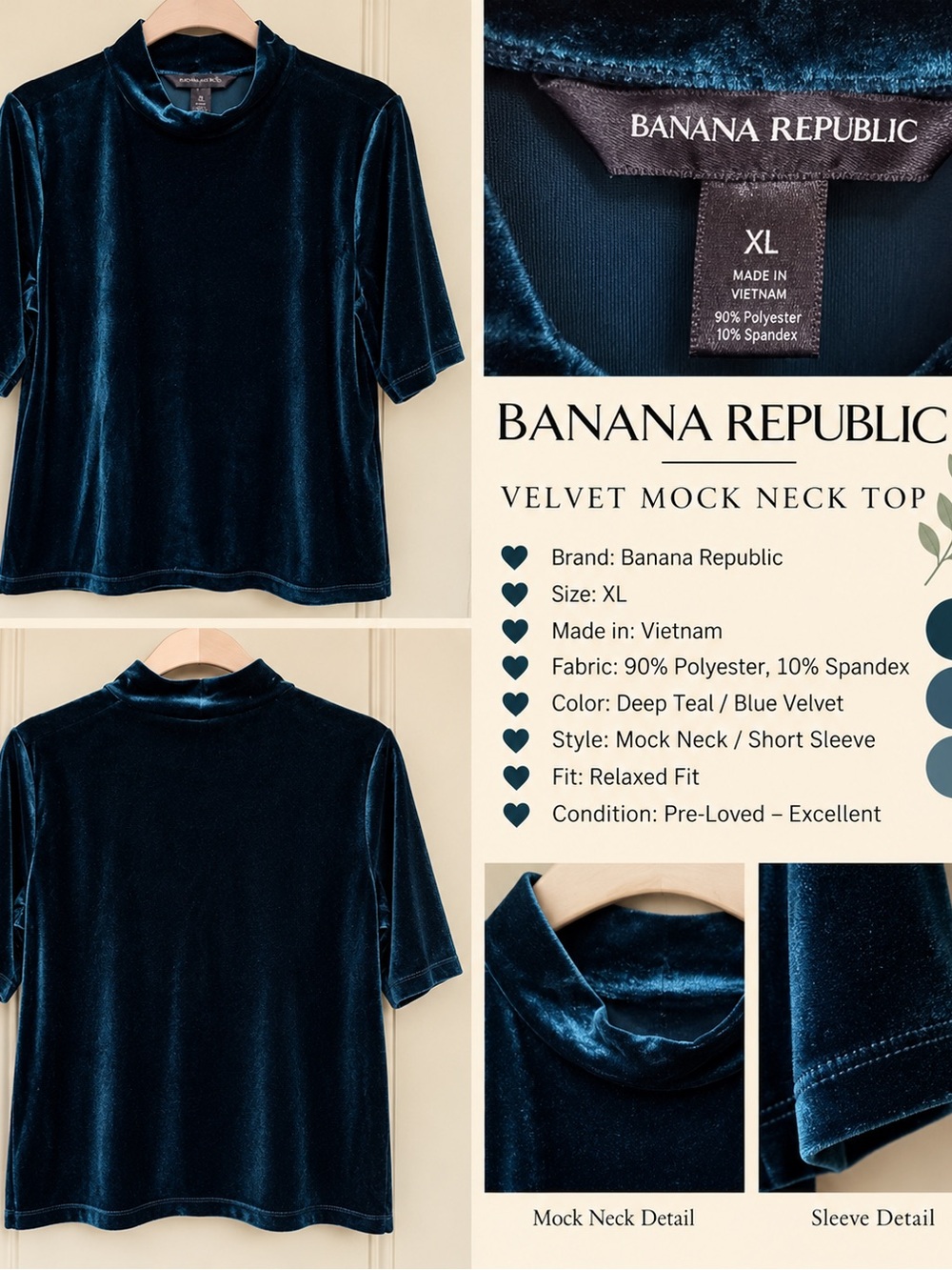 Banana Republic Velvet Mock Neck Short Sleeve Top in Deep Teal Blue